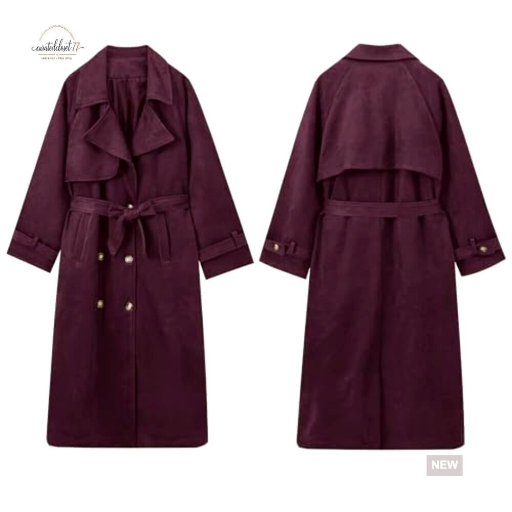 Faux Suede Long Trench Coat Double Breasted Slim Fit Pea Coat with Belt - Picture 6 of 7